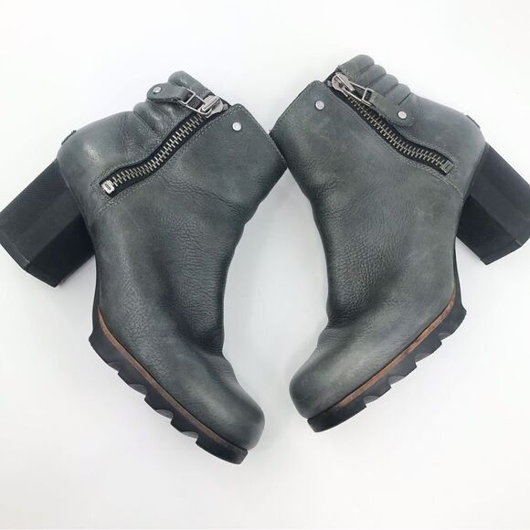 Sorel DANICA Gray Leather Zip Side Block Heel Chunky Moto Style Ankle Boots - Picture 1 of 16